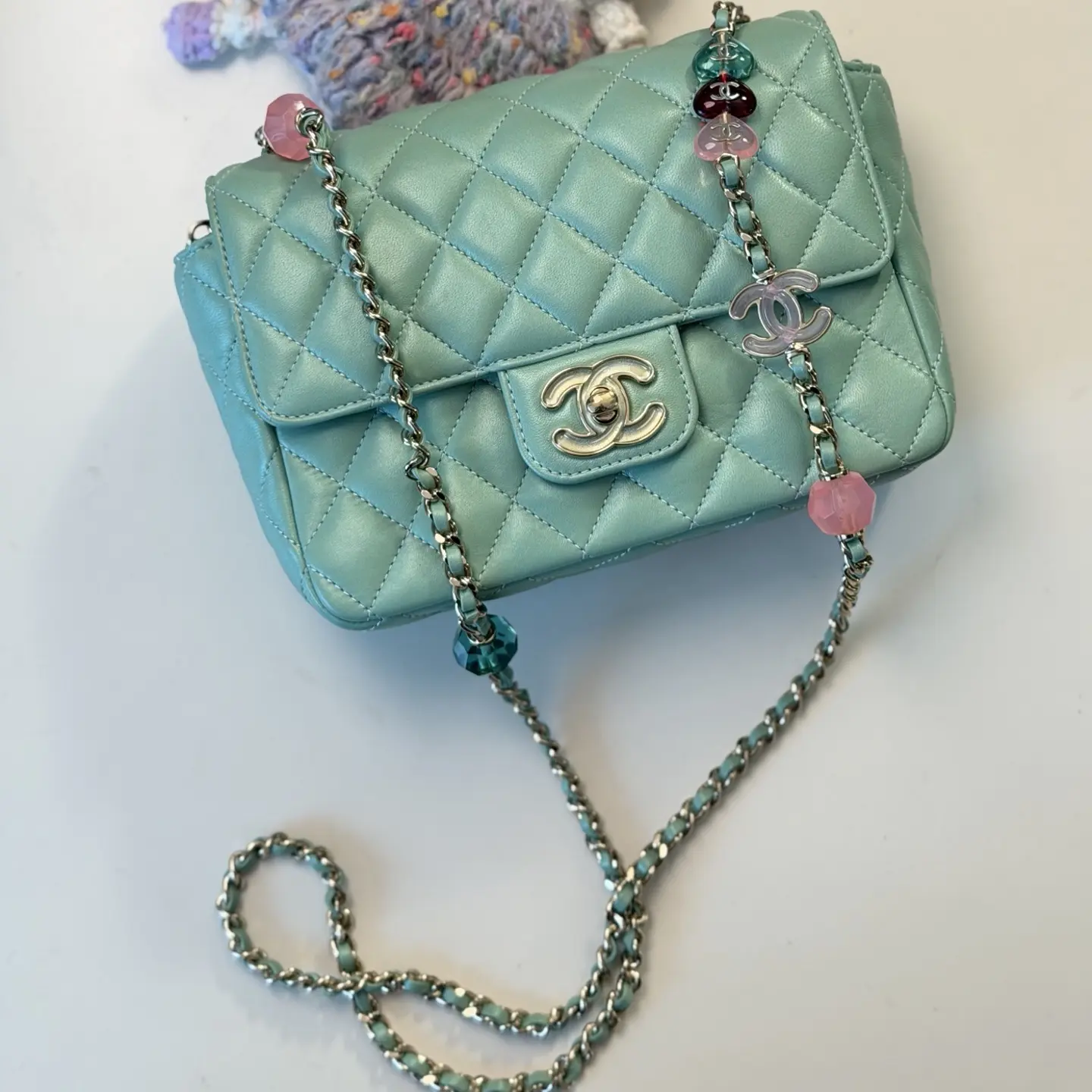 95新 Chanel/香奈儿 Chanel薄荷绿糖果爱心方胖二奢包包链条包