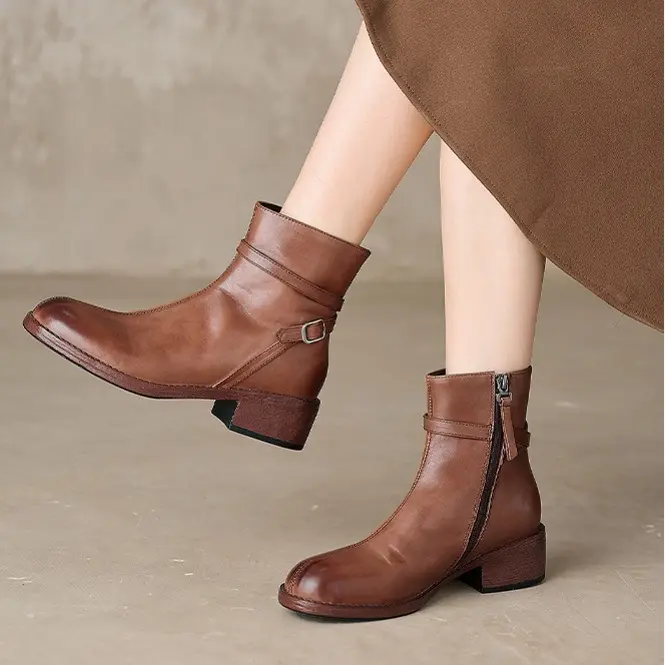 简约时装靴中跟短靴复古百搭圆头短筒马丁靴粗跟加绒真皮头层牛皮