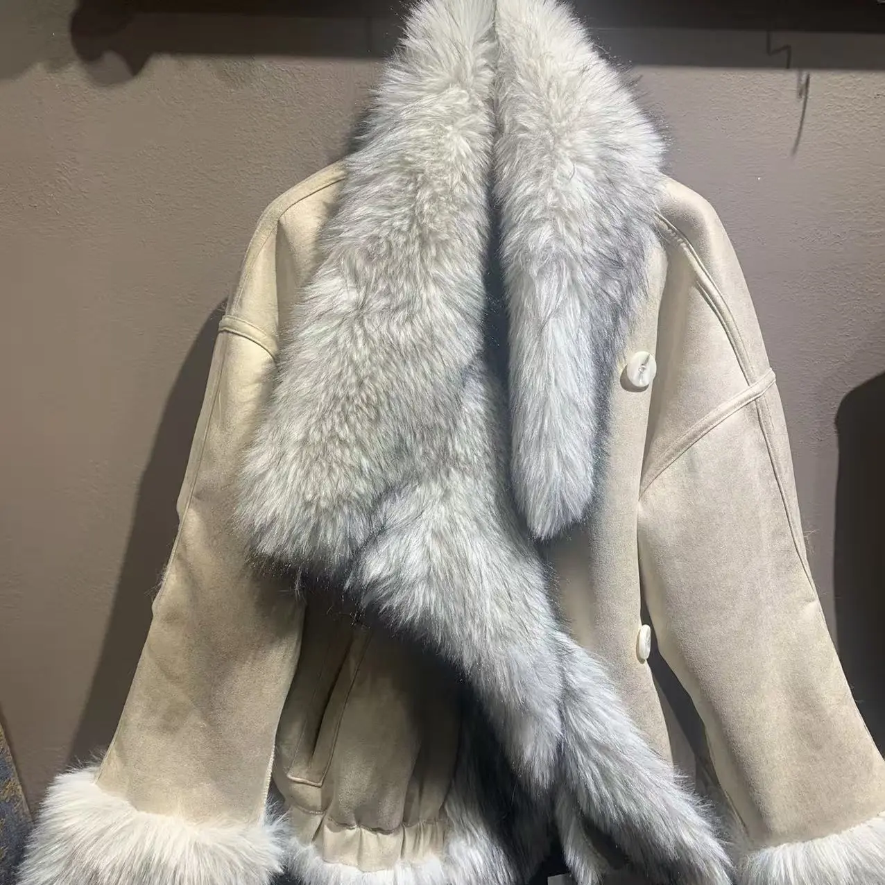 韩版宽松大码加厚拼接毛毛外套冬季慵懒风上衣女十三行新款