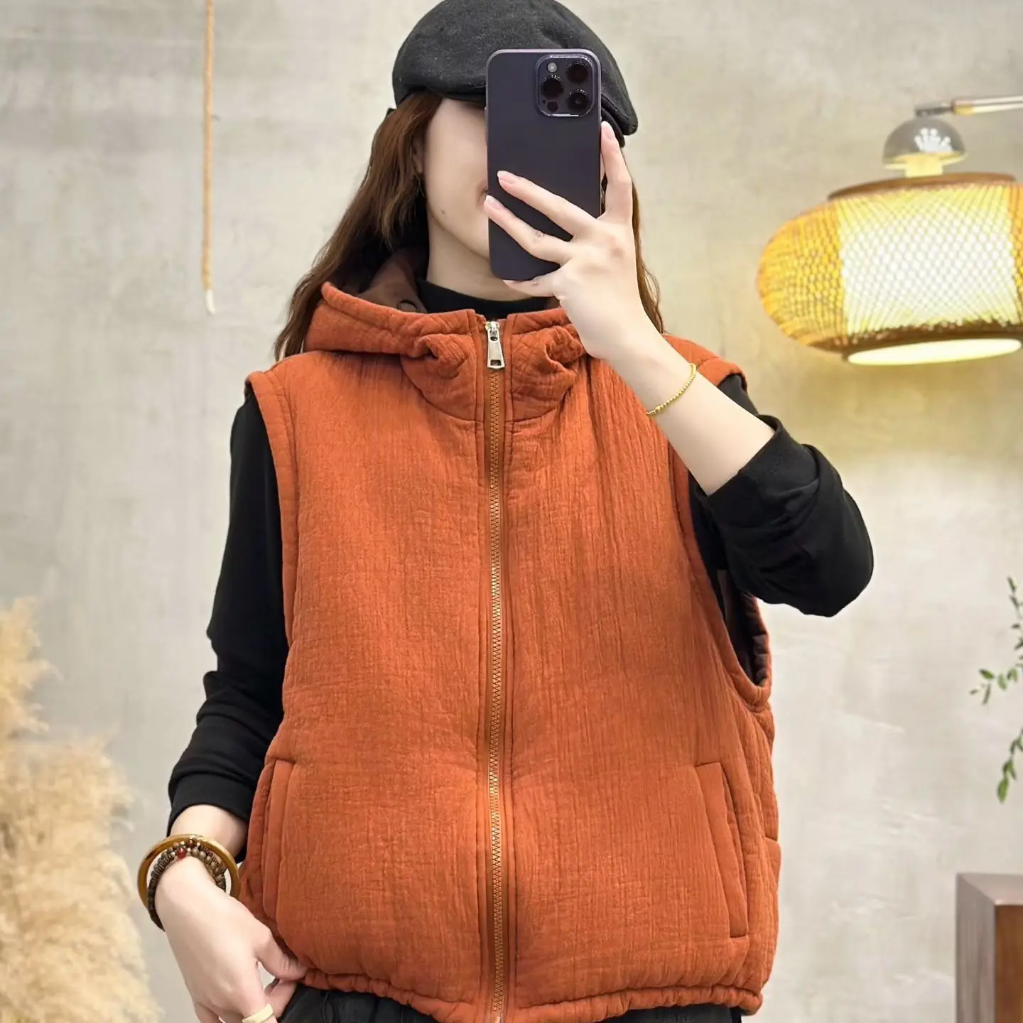 冬季宽松型连帽百搭休闲拉链连帽棉马甲