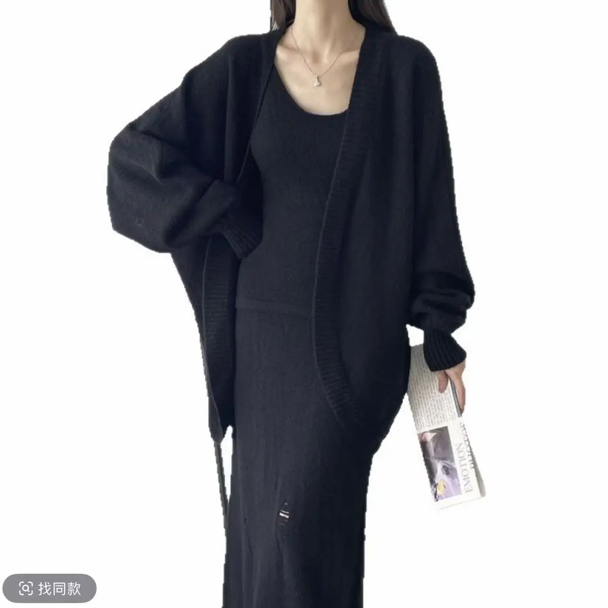 复古慵懒风针织毛衣开衫吊带背心破洞半身裙套装