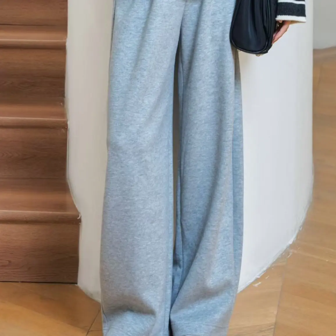 俪妍灰色羊毛混纺直筒廓形裤