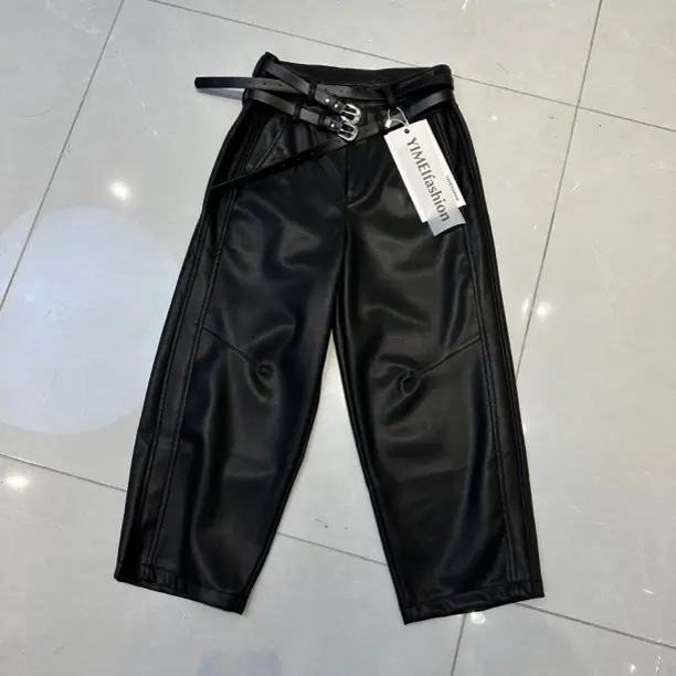 秋冬新款高腰显瘦PU加绒双腰带宽松阔腿休闲九分皮裤女