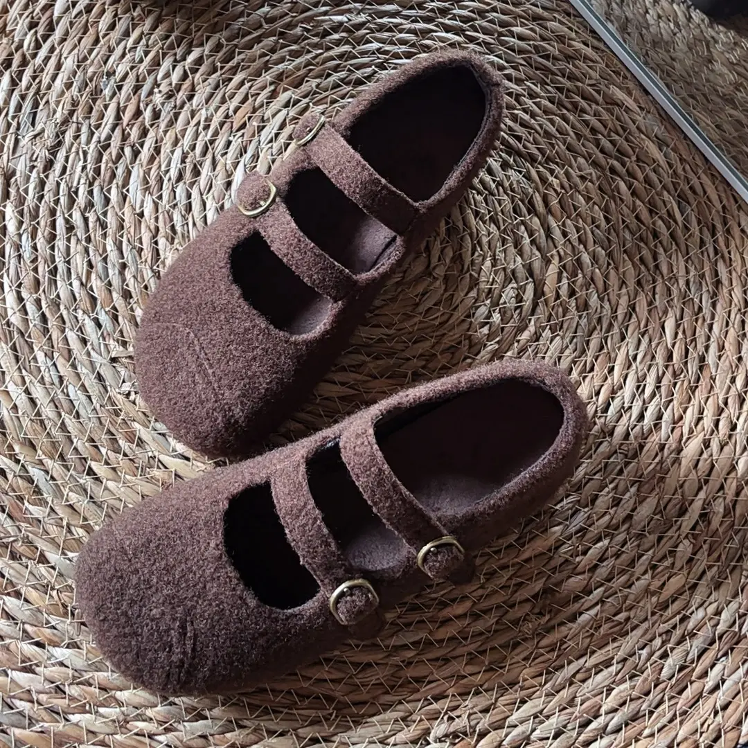 复古双扣带洋气百搭加绒保暖毛毛鞋女秋冬新款