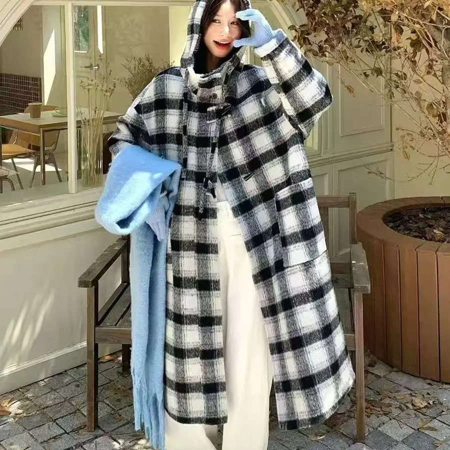 复古黑白格连帽双面大衣女秋冬加厚长款宽松时尚休闲保暖外套