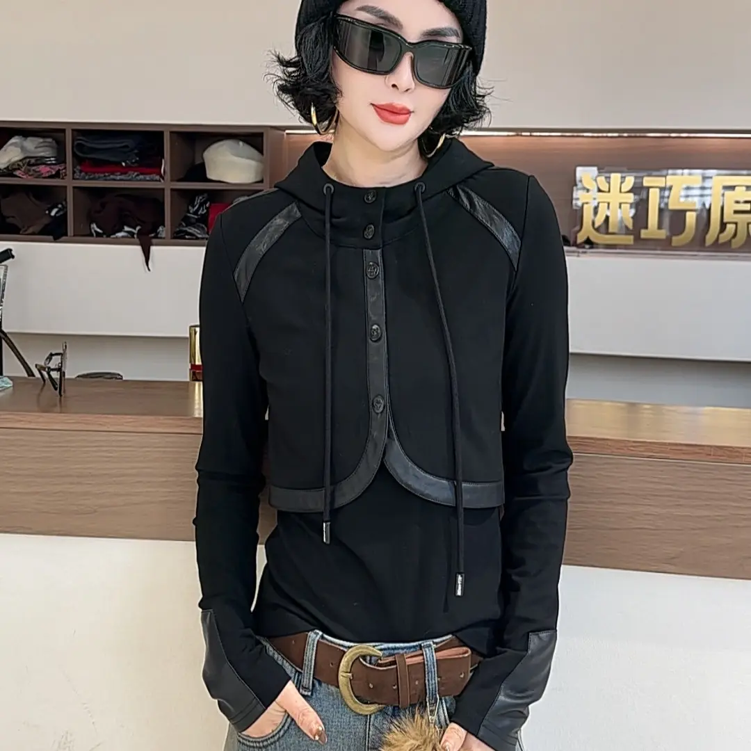 【迷巧】时髦新款皮绒拼接加绒长袖百搭打底T恤