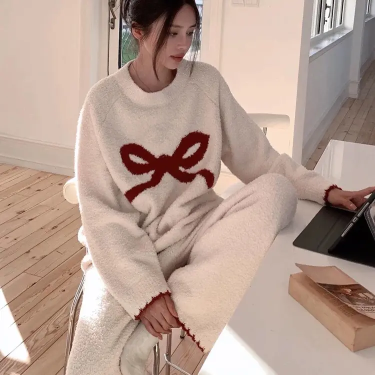 女士秋冬加厚加绒半边绒纯色蝴蝶结圆领套头宽松家居服睡衣