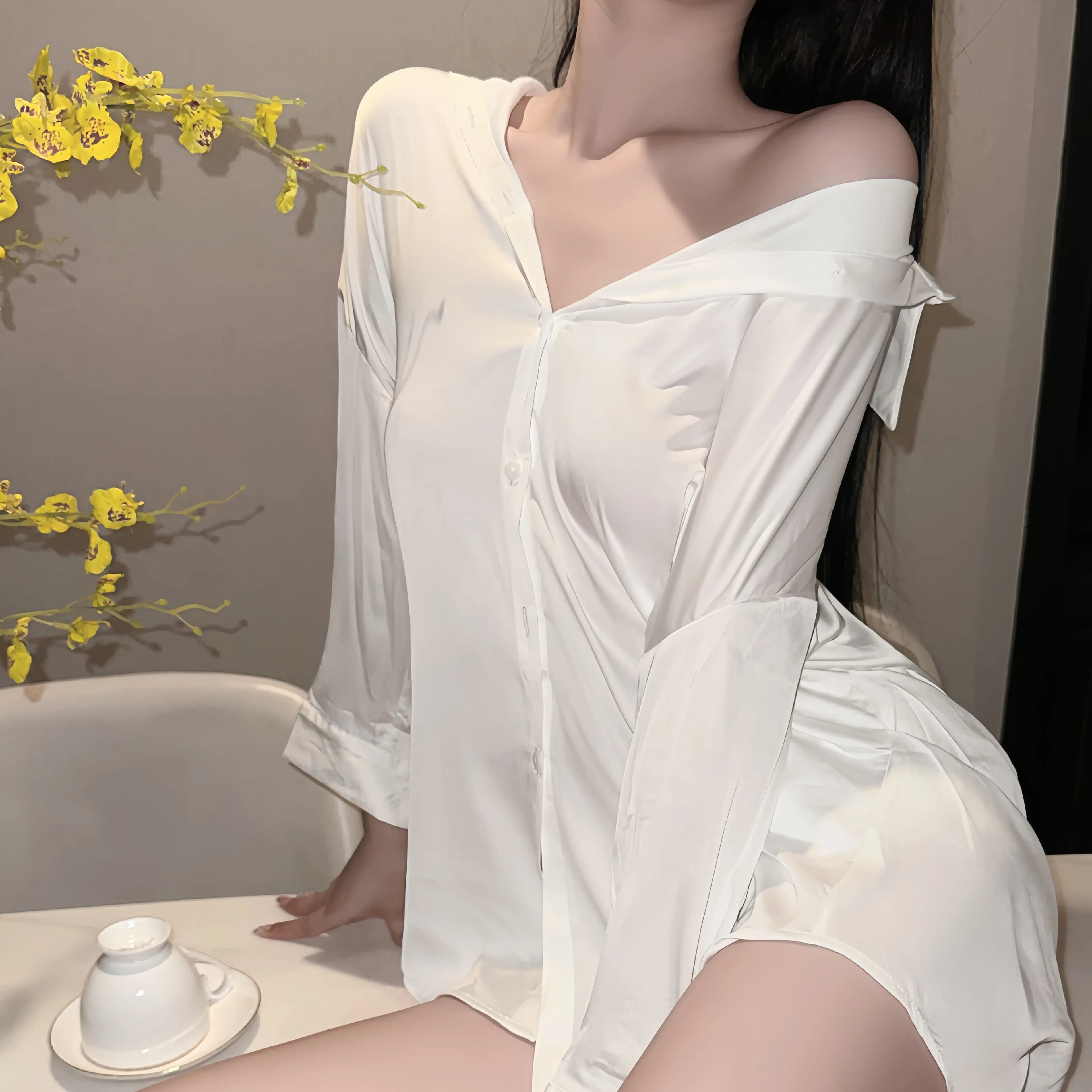 【BF睡裙】秋冬薄款性感轻奢睡裙男友风衬衫睡裙9225