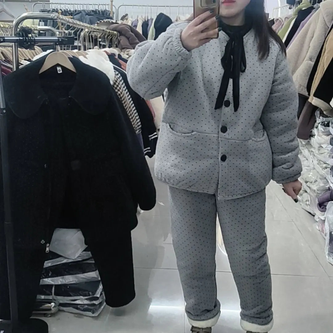 爱心波点三层加绒加厚韩版可外穿保暖家居服套装