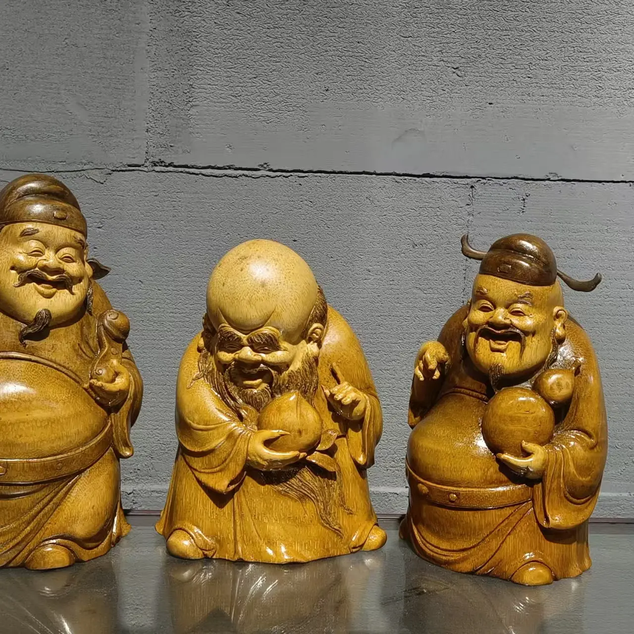 纯手工竹根雕福禄寿组合