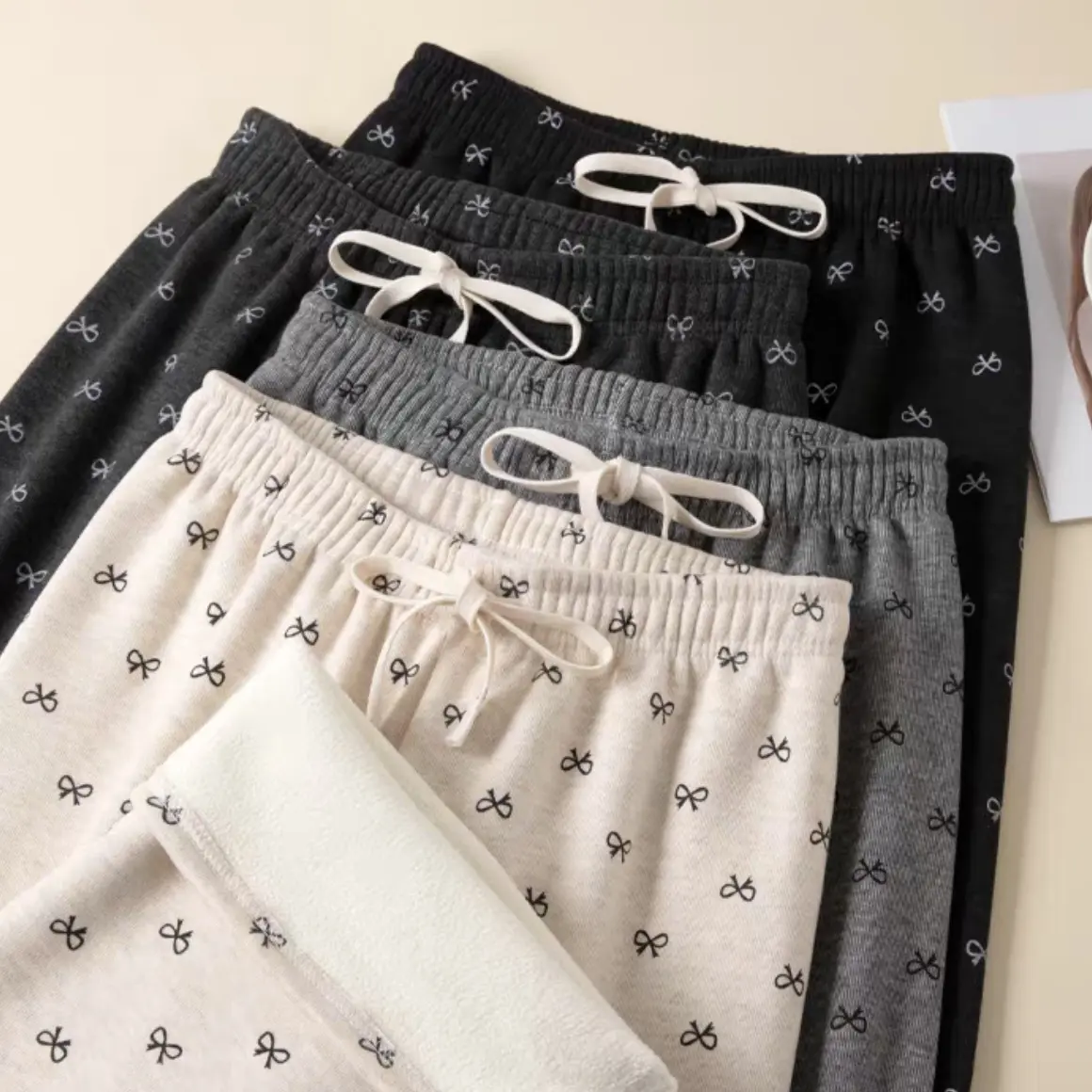 新款蝴蝶结糯米高腰阔腿裤印花百搭慵懒宽松通勤休闲裤子