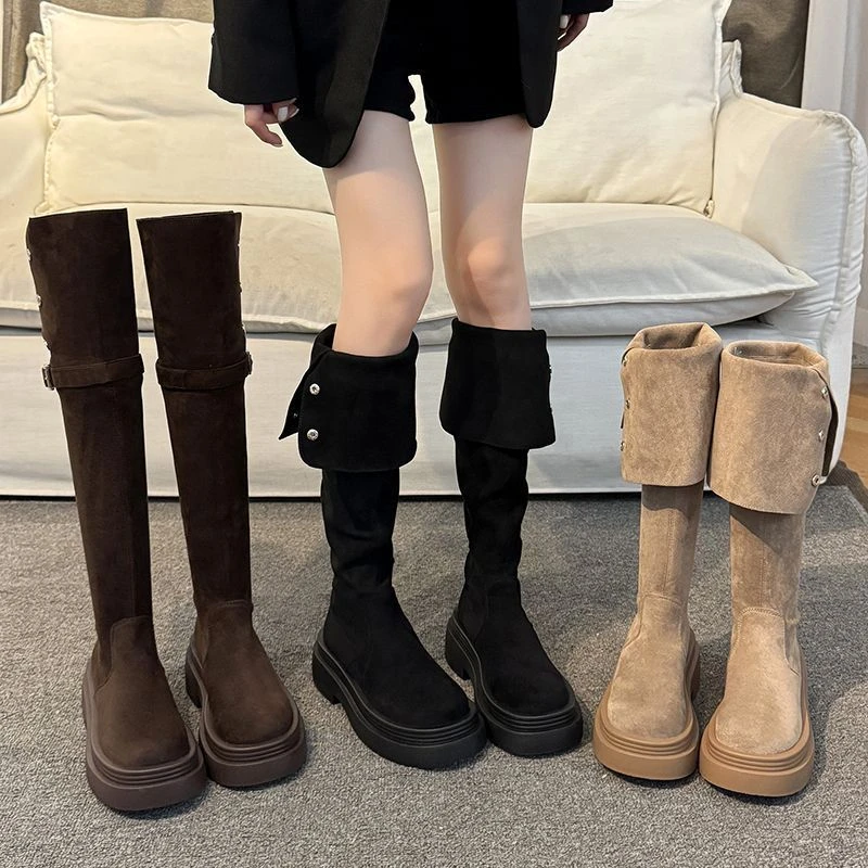 两穿翻折厚底顾茜茜同款爆款秋冬季新款粗跟时尚百搭过膝骑士靴子
