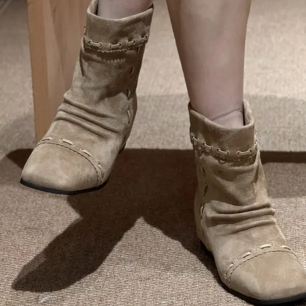 定制款短靴反绒羊皮复古港风筒靴冬季马丁靴女鞋内增高短靴