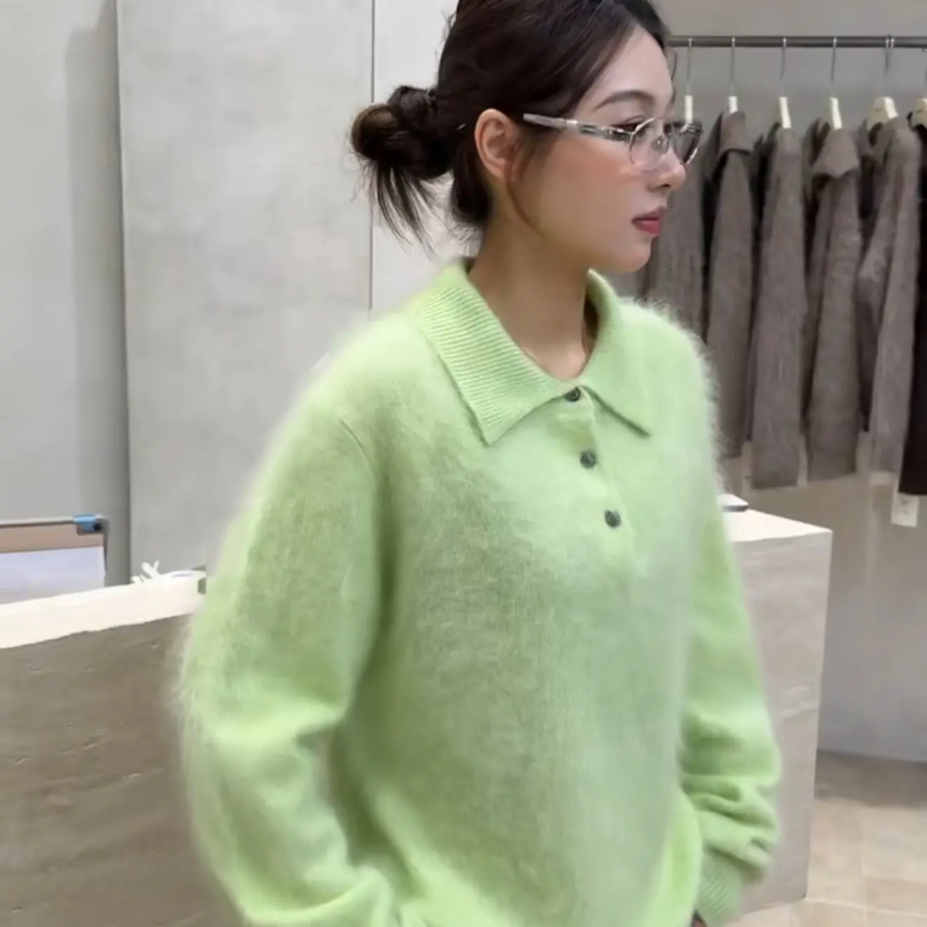 韩系慵懒风纯色拉绒Polo领宽松显瘦针织衫 全羊毛拉毛