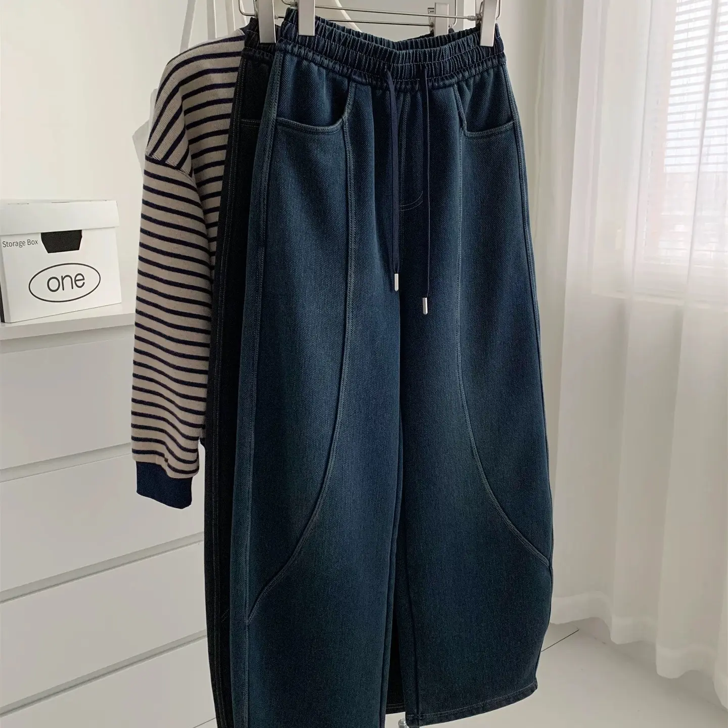 K49加绒加厚阔腿弹力牛仔弯刀裤