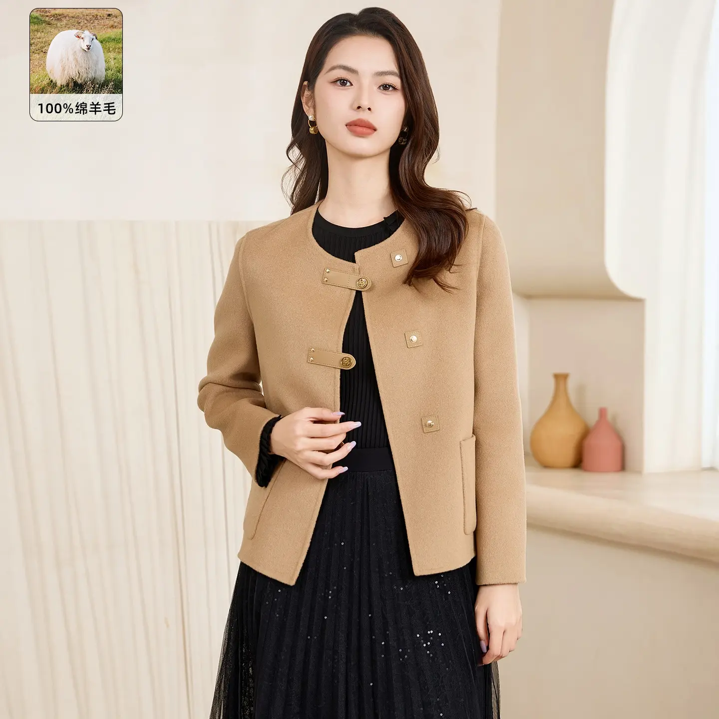 JESSIE高级感皮搭扣短款毛呢外套女2025年冬季JP4W09BD258