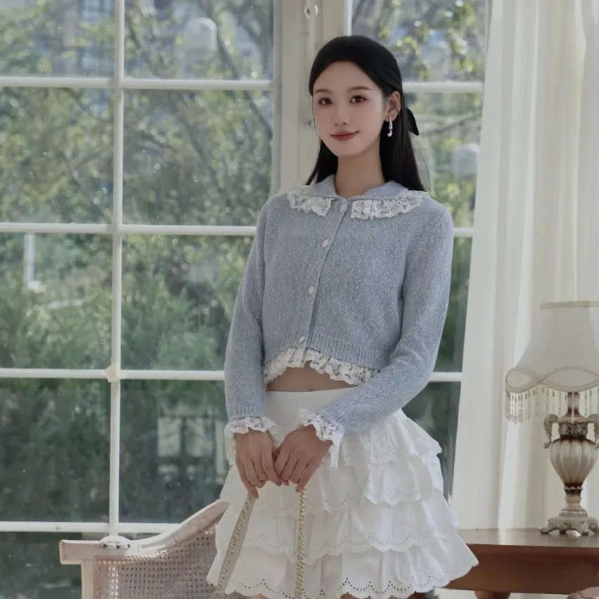 ROCHAROMMA甜美风花纱拼接针织开衫