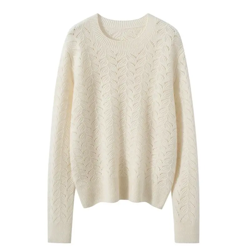 2025秋冬新款100%纯山羊绒女树叶扭花毛衣圆领加厚打底衫