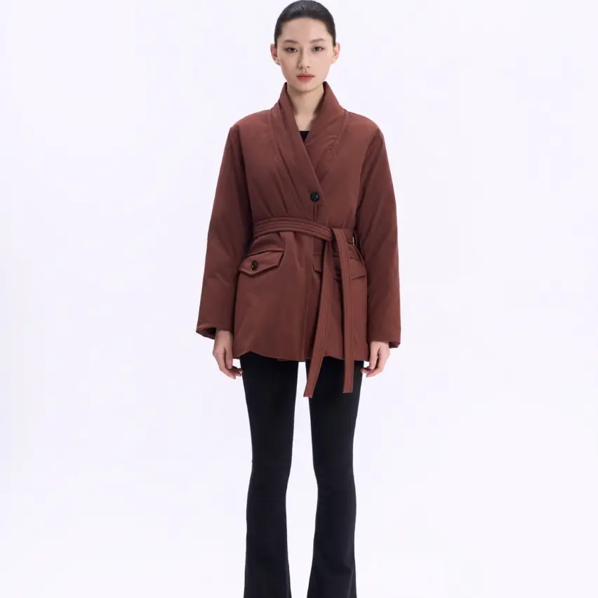 埃文25新款 8275628 宽松厚款西装领长款女士休闲纯色外套
