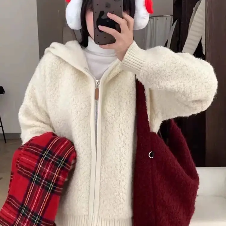 韩系慵懒风圈圈毛加厚连帽针织毛衣外套女秋冬百搭上衣