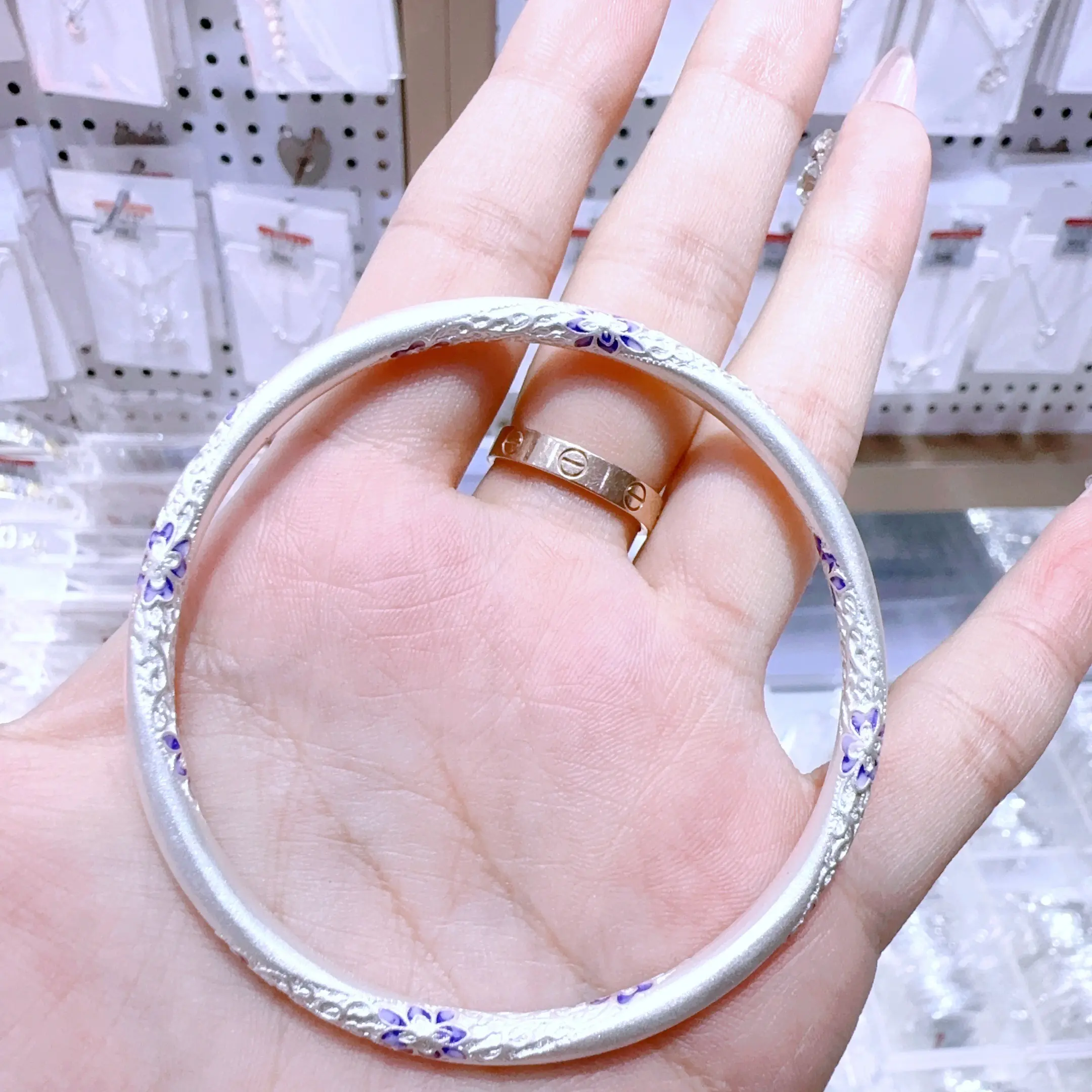 足银手镯 .9 古法珐琅工艺女款紫藤花开新中式实心镯子百搭饰品