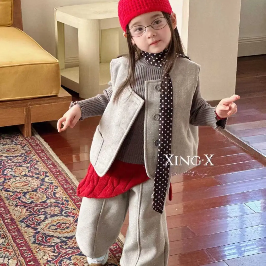 秋冬季女童韩系设计感马甲加厚套装