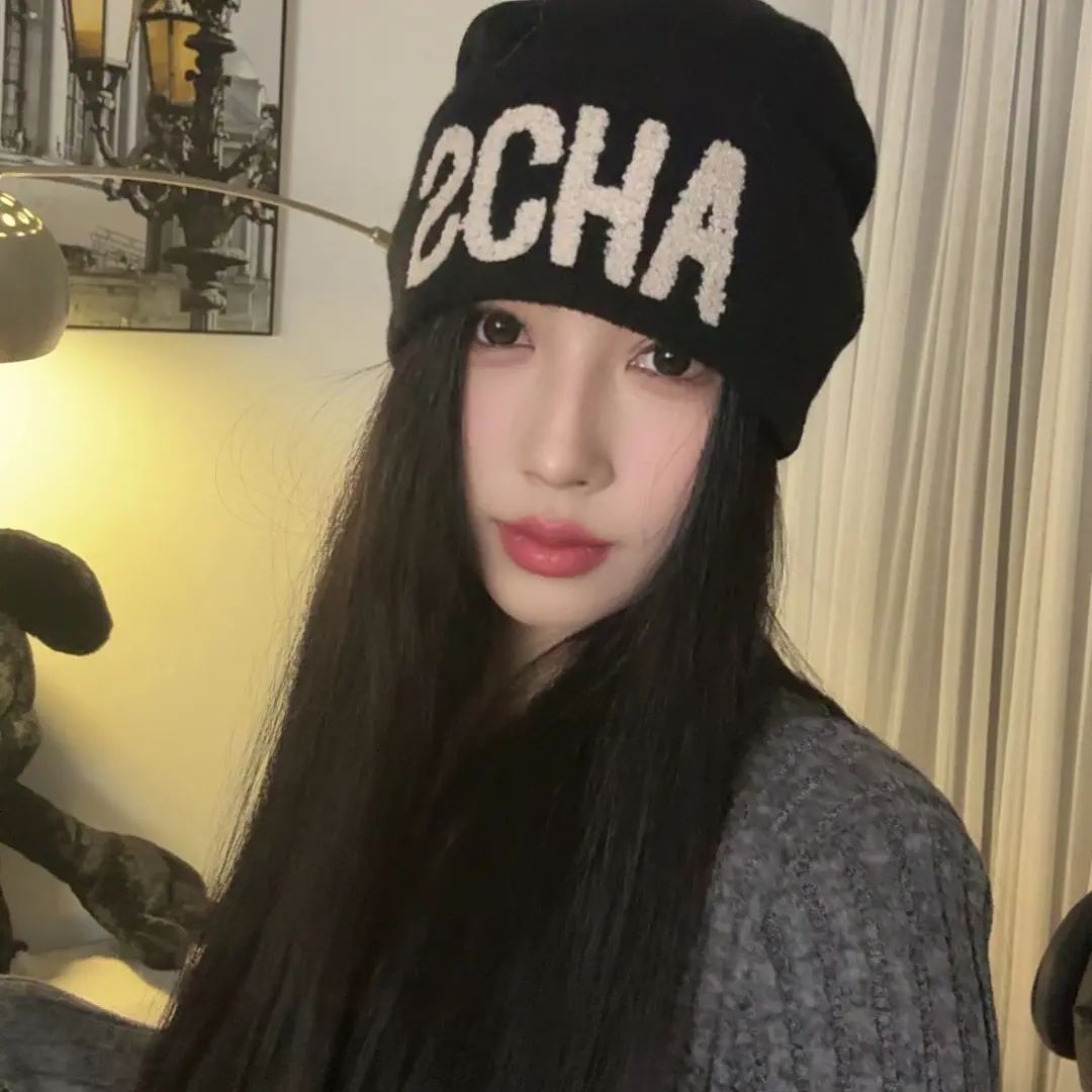 2025韩系刺绣字母堆堆帽女秋冬大头围保暖针织冷帽百搭显脸小登山