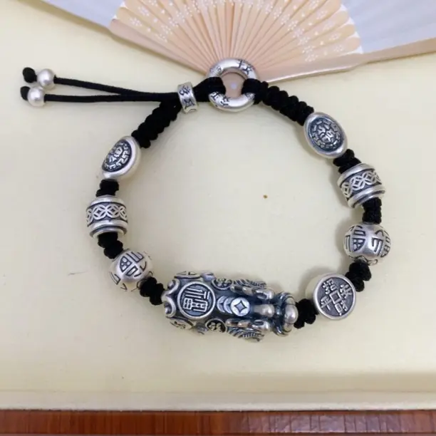 足银手链  足银999貔貅福字元宝复古手工编织男款转运手绳时尚