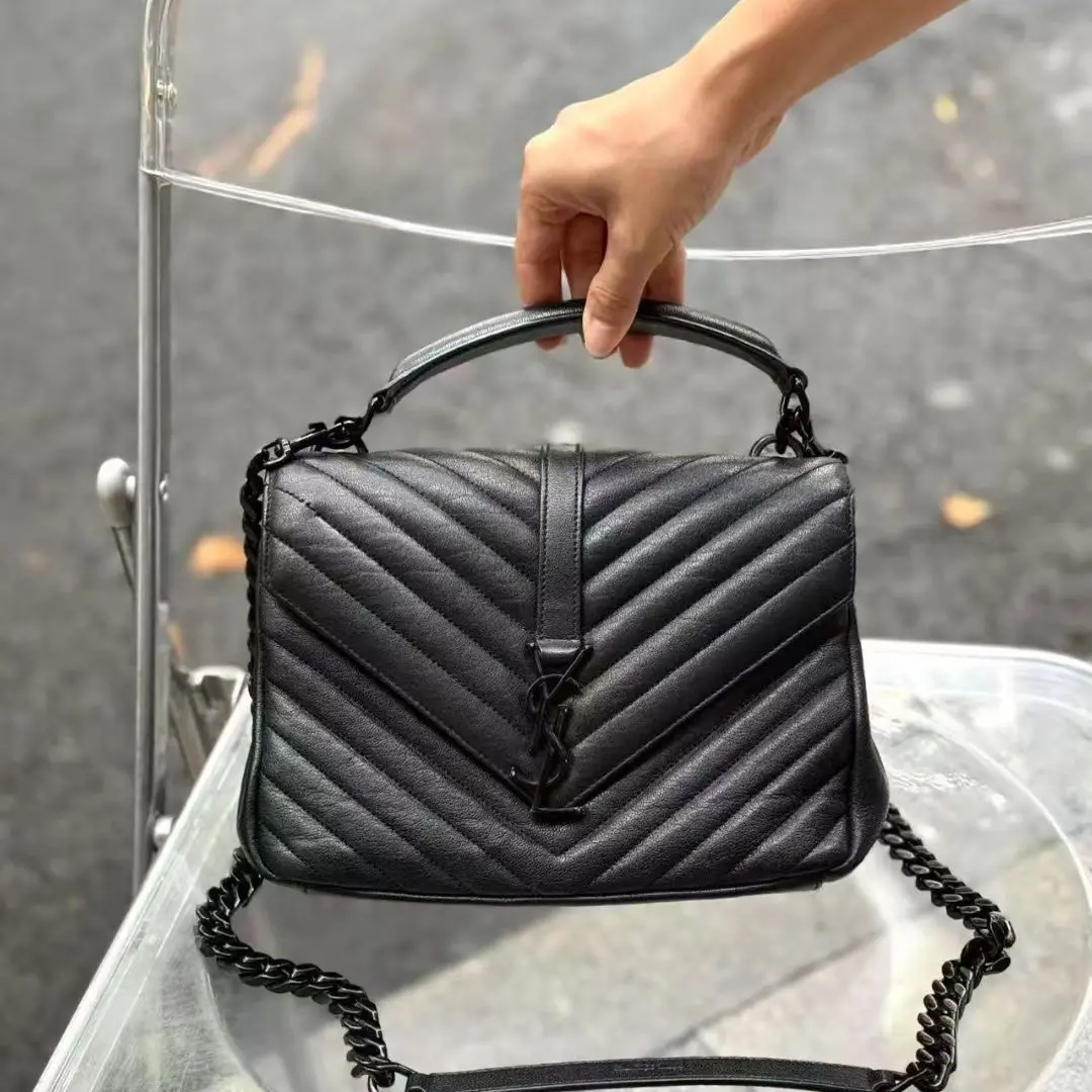 95新 YSL/圣罗兰 黑色全皮邮差单肩斜挎手提包 