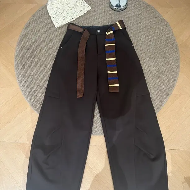 时髦条纹腰带慵懒感加绒阔腿卫裤秋季新款