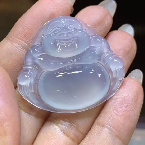 缅甸天然翡翠A货，冰种白冰佛公有淡淡蓝底，显年轻35.1/38.6/6.5