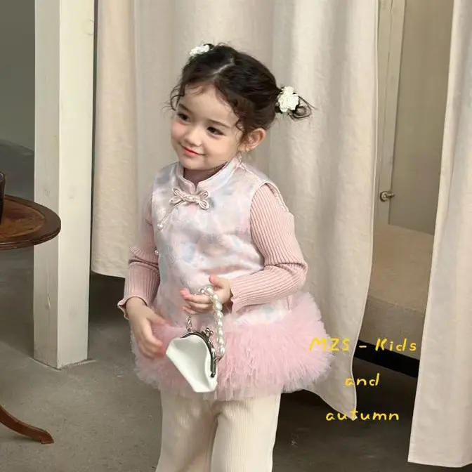 韩系秋冬款新中式女童外套棉服套装