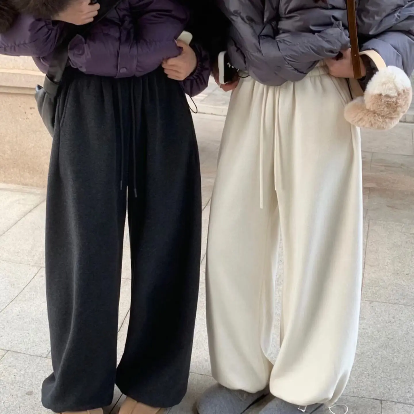 【幕幕】韩系松紧腰抽绳加绒加厚松弛感显瘦垂感保暖休闲阔腿裤冬季