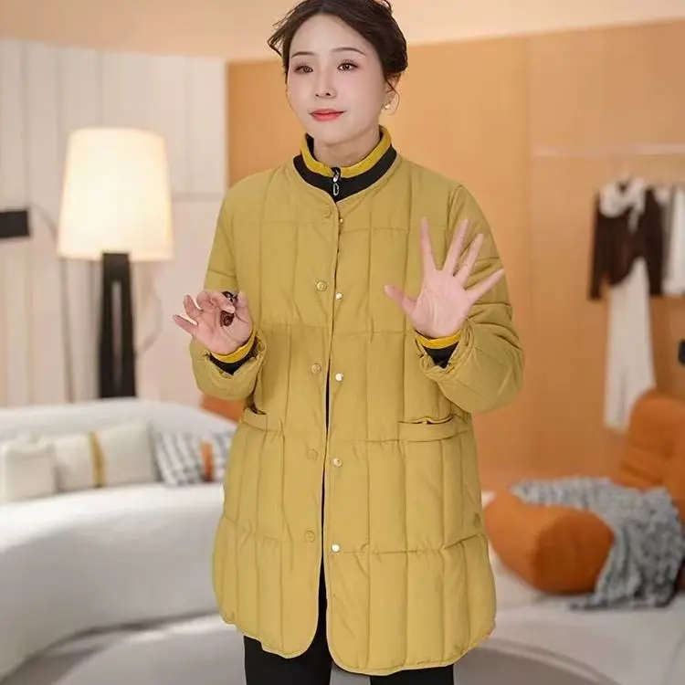 冬季新款格纹中长款女显瘦圆领加厚保暖设计感棉衣外套