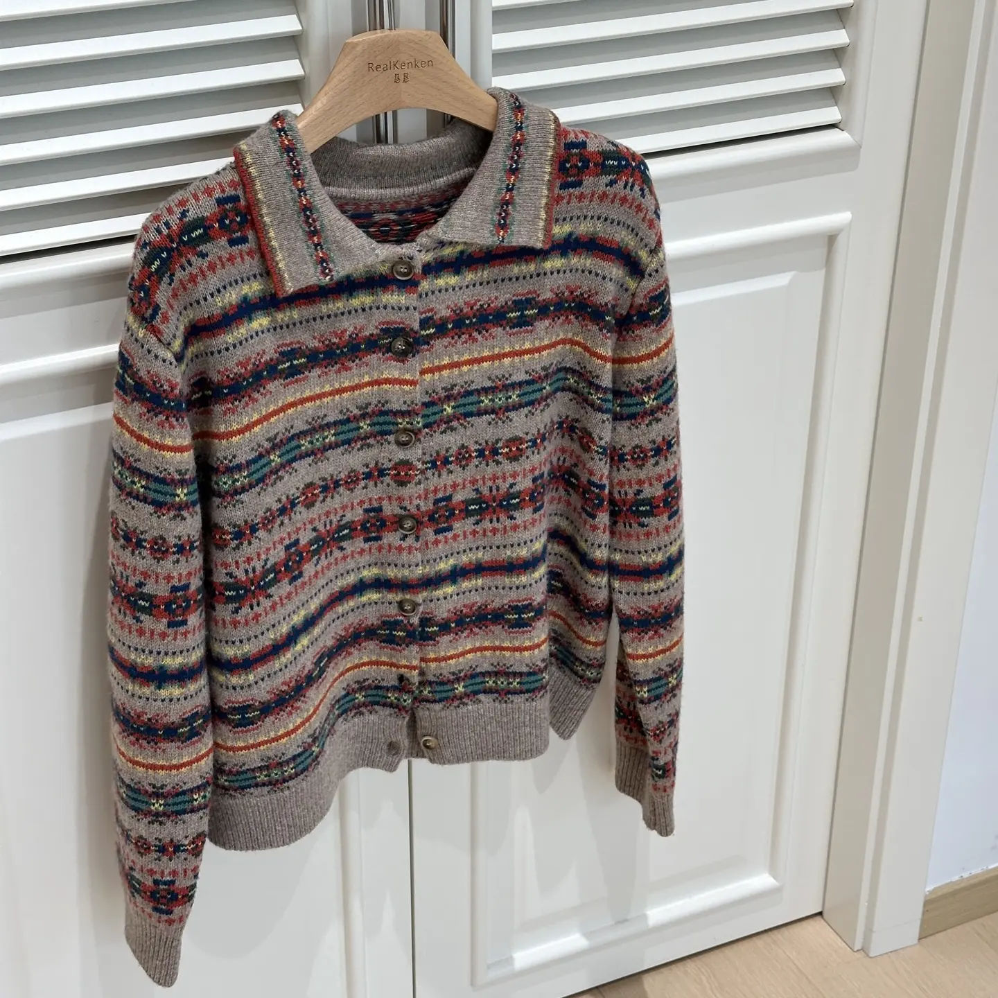 〖Kk圆圆〗秋冬复古费尔岛提花翻领加厚宽松长袖百搭针织衫女