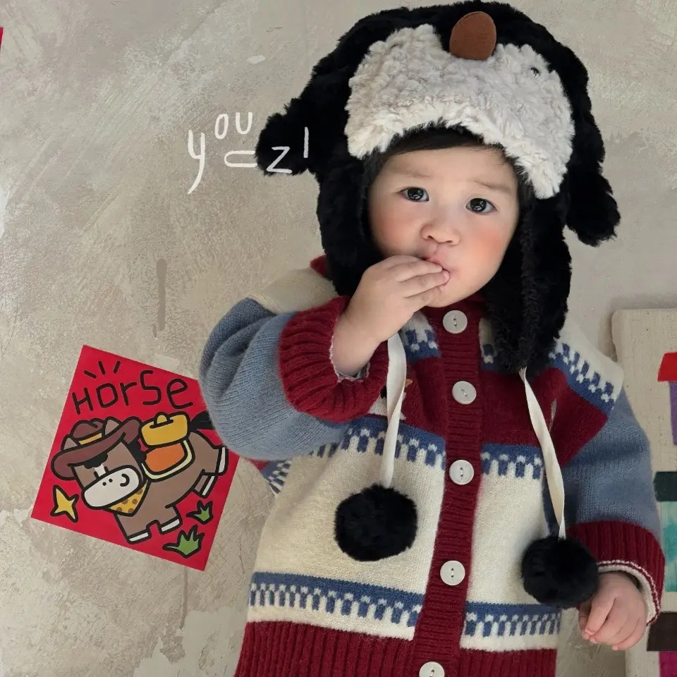 【迪莫bebe】右子冬季红色花边领加厚保暖儿童拜年毛衣65090