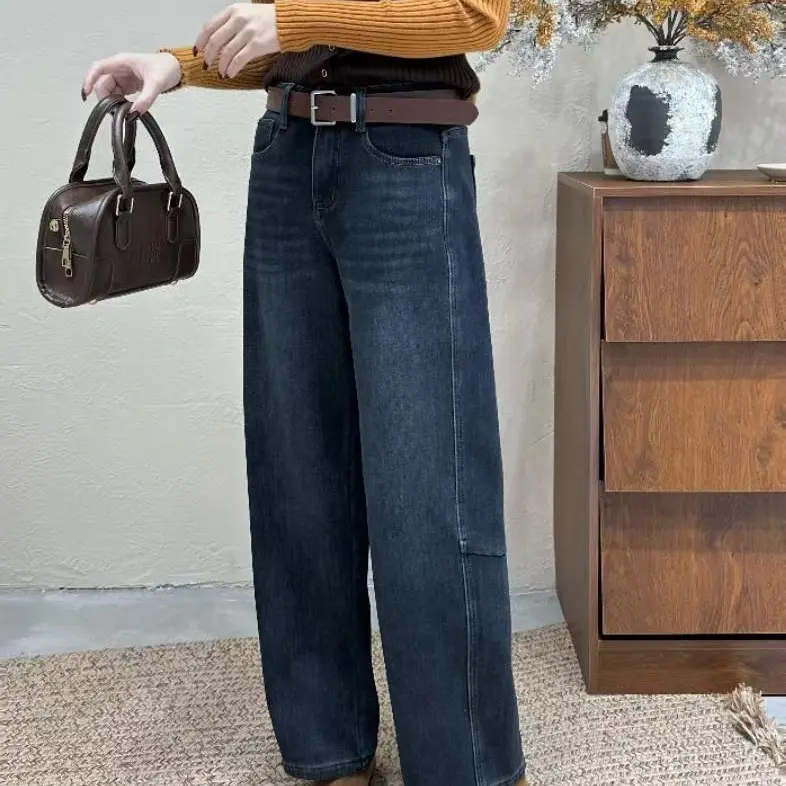 冬季高腰显瘦加绒阔腿弯刀牛仔裤长裤88631