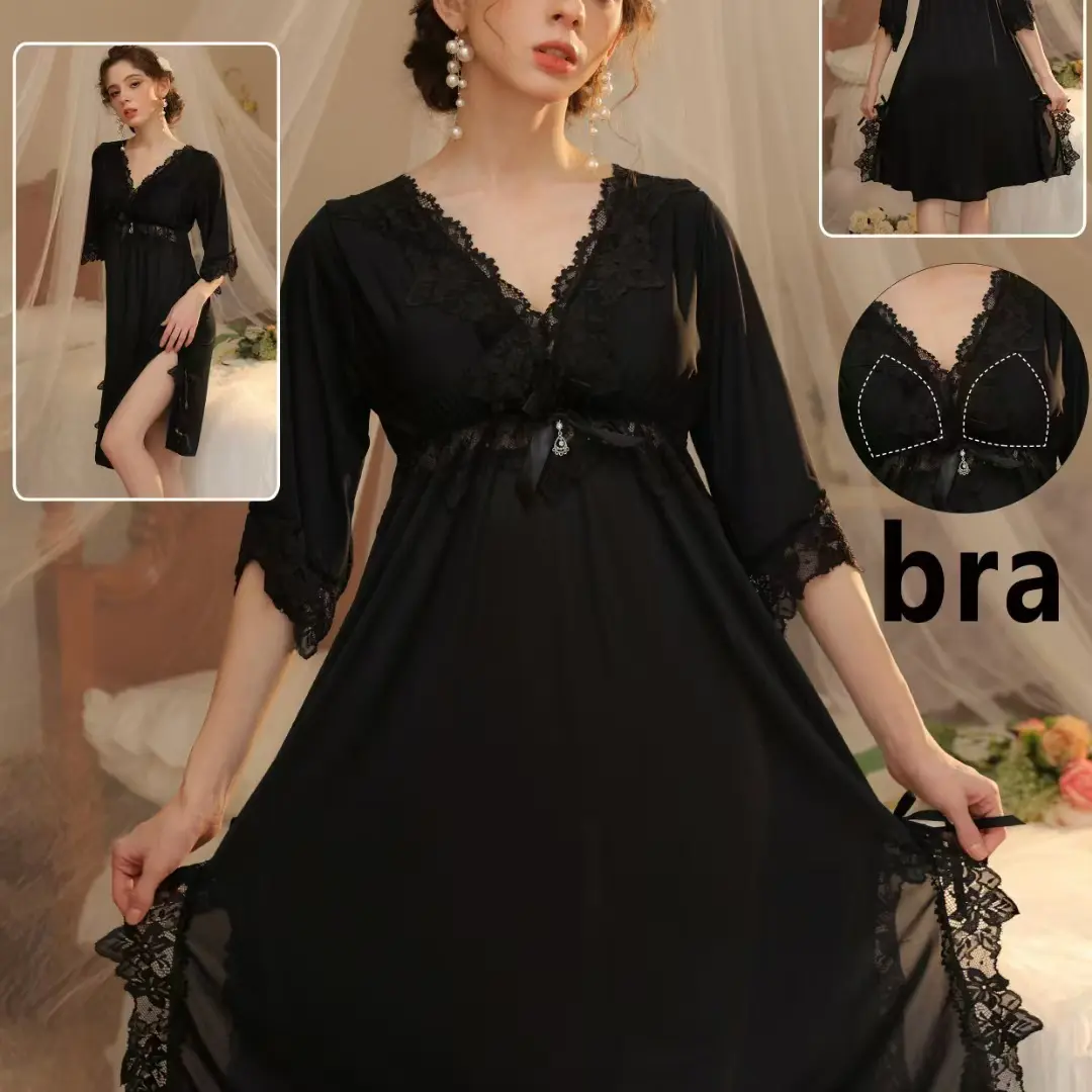 带胸垫法式宫廷风睡裙长袖冰丝蕾丝花边性感大码夏季家居服