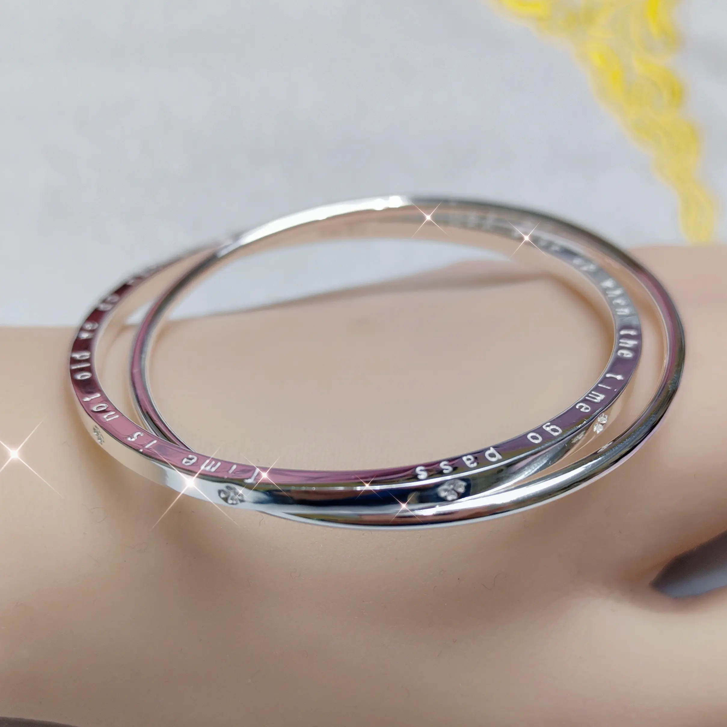 足银手镯  999.9双环四叶草闭口实心小众年轻款时尚百搭银镯子