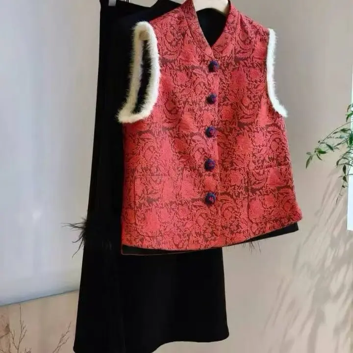 新中式国风拼接毛绒显瘦夹棉马甲秋冬百搭上衣