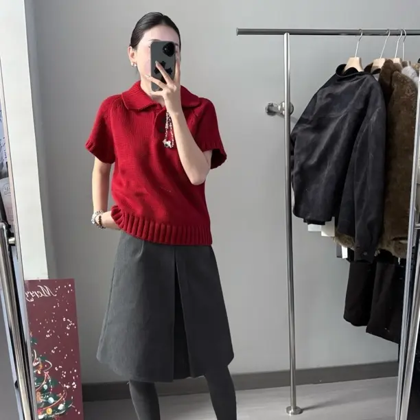 简约polo领短袖针织衫女秋冬新款叠穿显瘦上衣