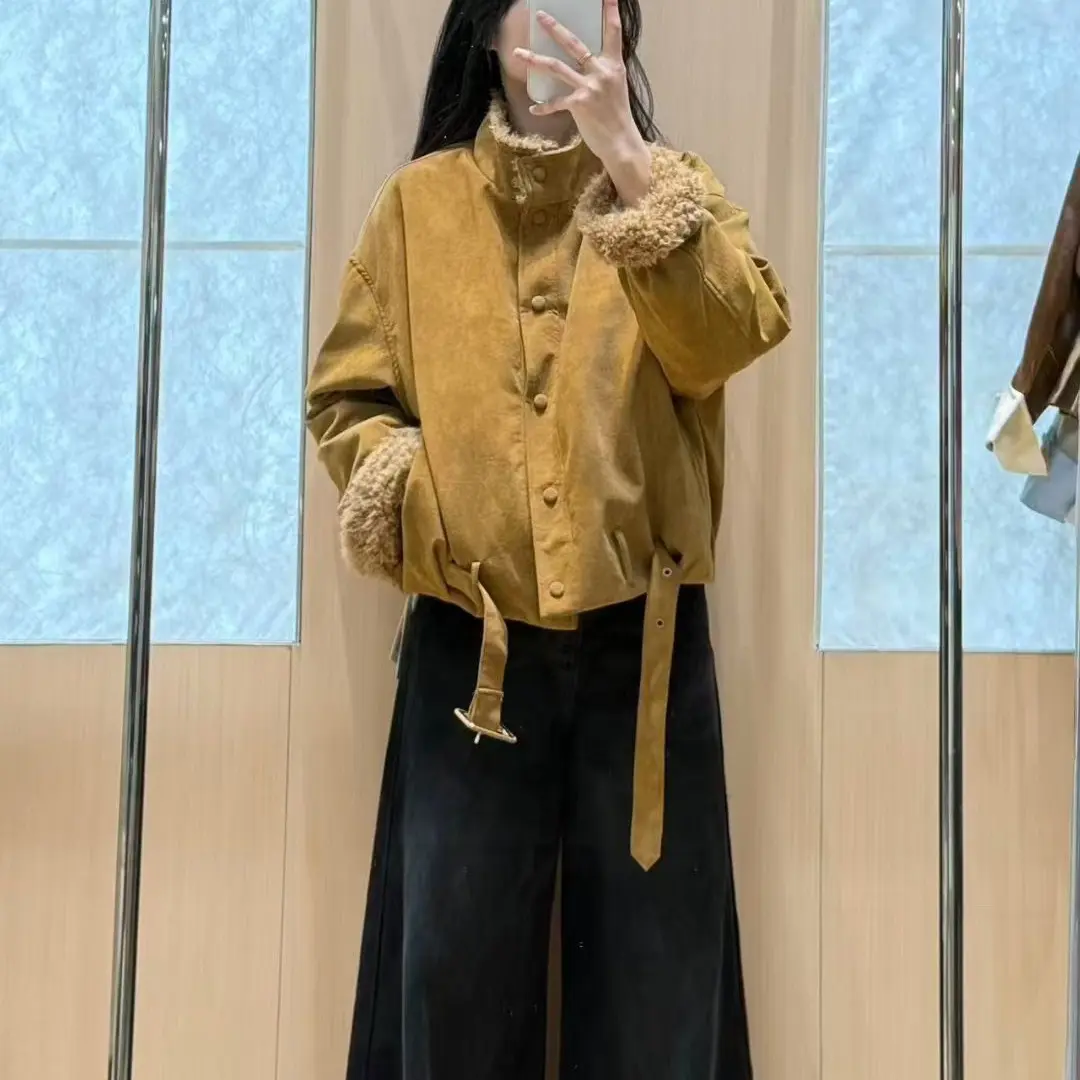 韩系美拉德风简约立领短款外套女冬季加绒加厚小个子百搭