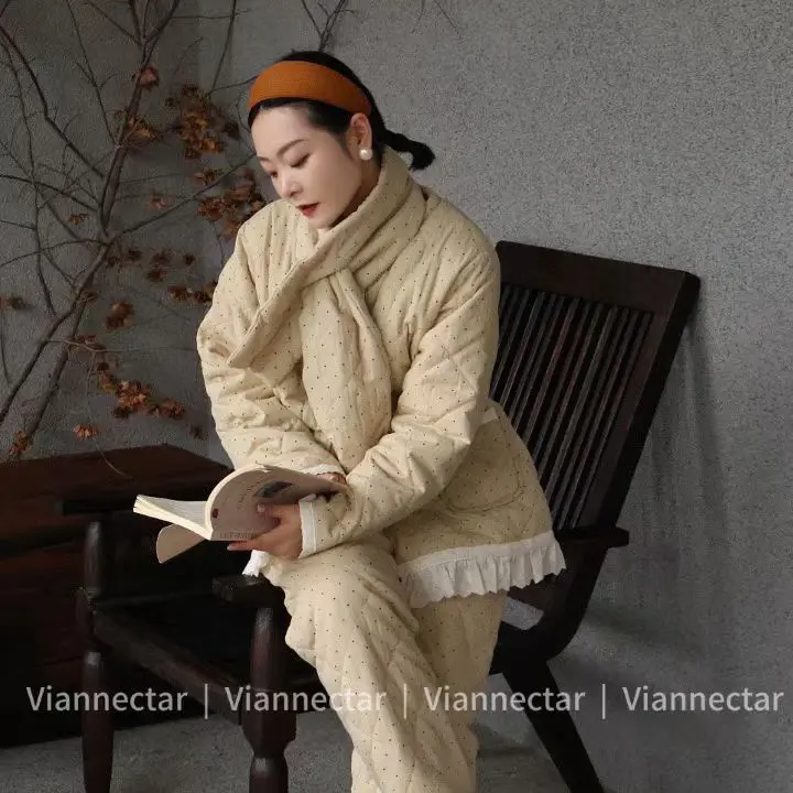 冬季极寒变态厚三层夹棉加绒蕾丝边可外穿保暖家居服套装