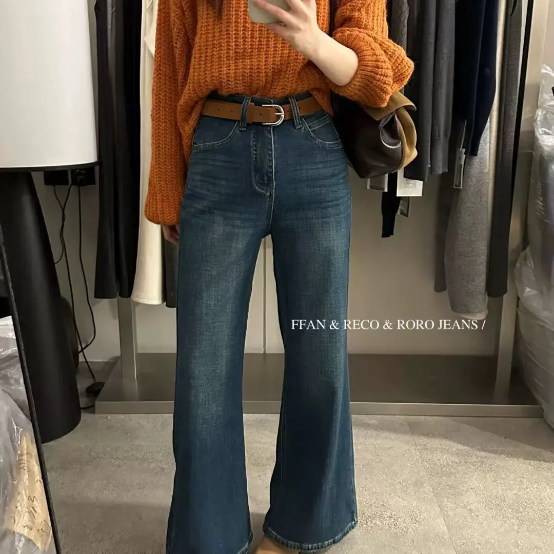 【周周家】9002#韩系复合绒直筒微喇显瘦秋冬牛仔