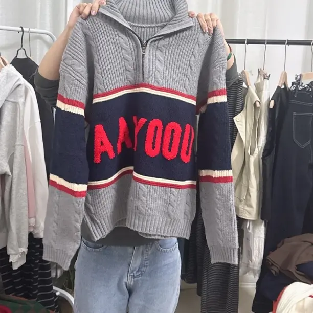 秋冬加厚灰色半拉链立领套头毛衣女装百搭