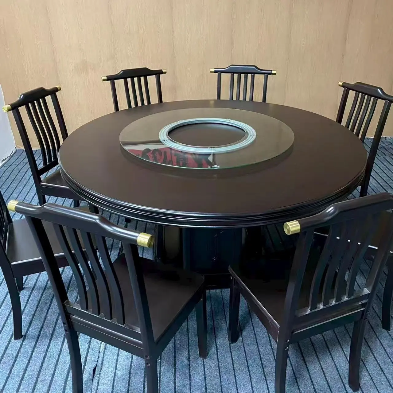 实木餐桌新中式圆形家用餐厅饭桌榫卯餐桌椅岩板玻璃实木转盘组合