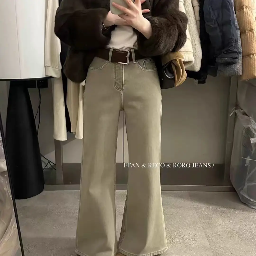 【周周家】9012#韩系加绒阔腿显瘦卡其色牛仔裤