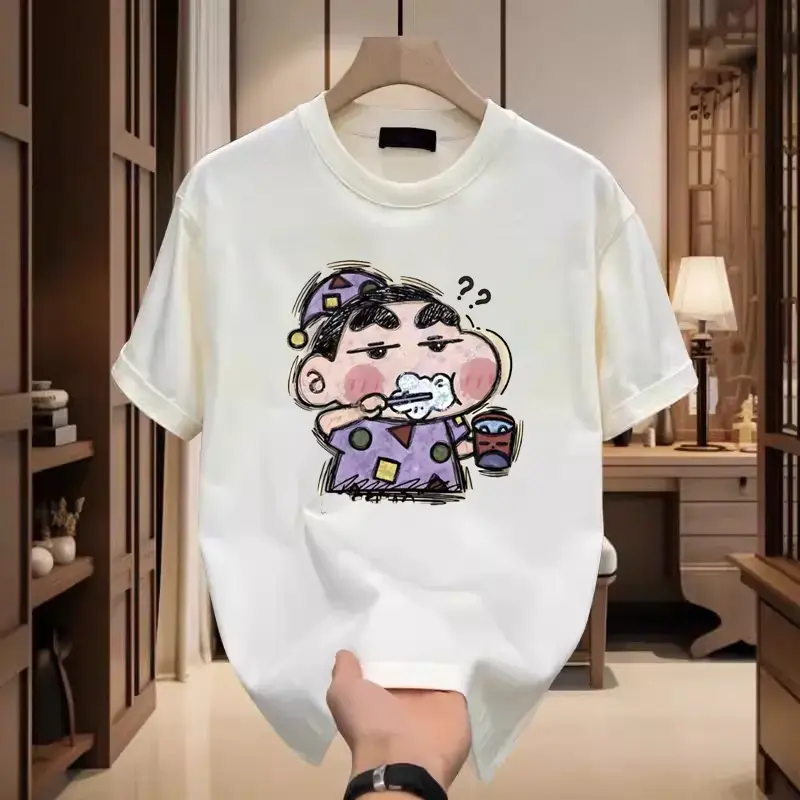 重磅新款纯棉圆领小新刷牙印花短袖T恤男士ins潮牌小众设计感上衣