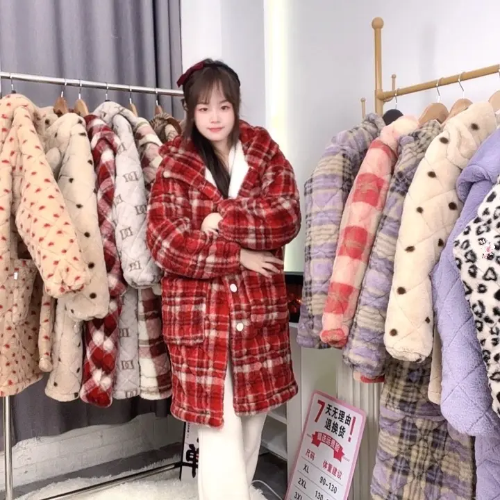 【特厚新年红款】三层夹棉加厚保暖连帽中长款加绒可外穿家居服冬季