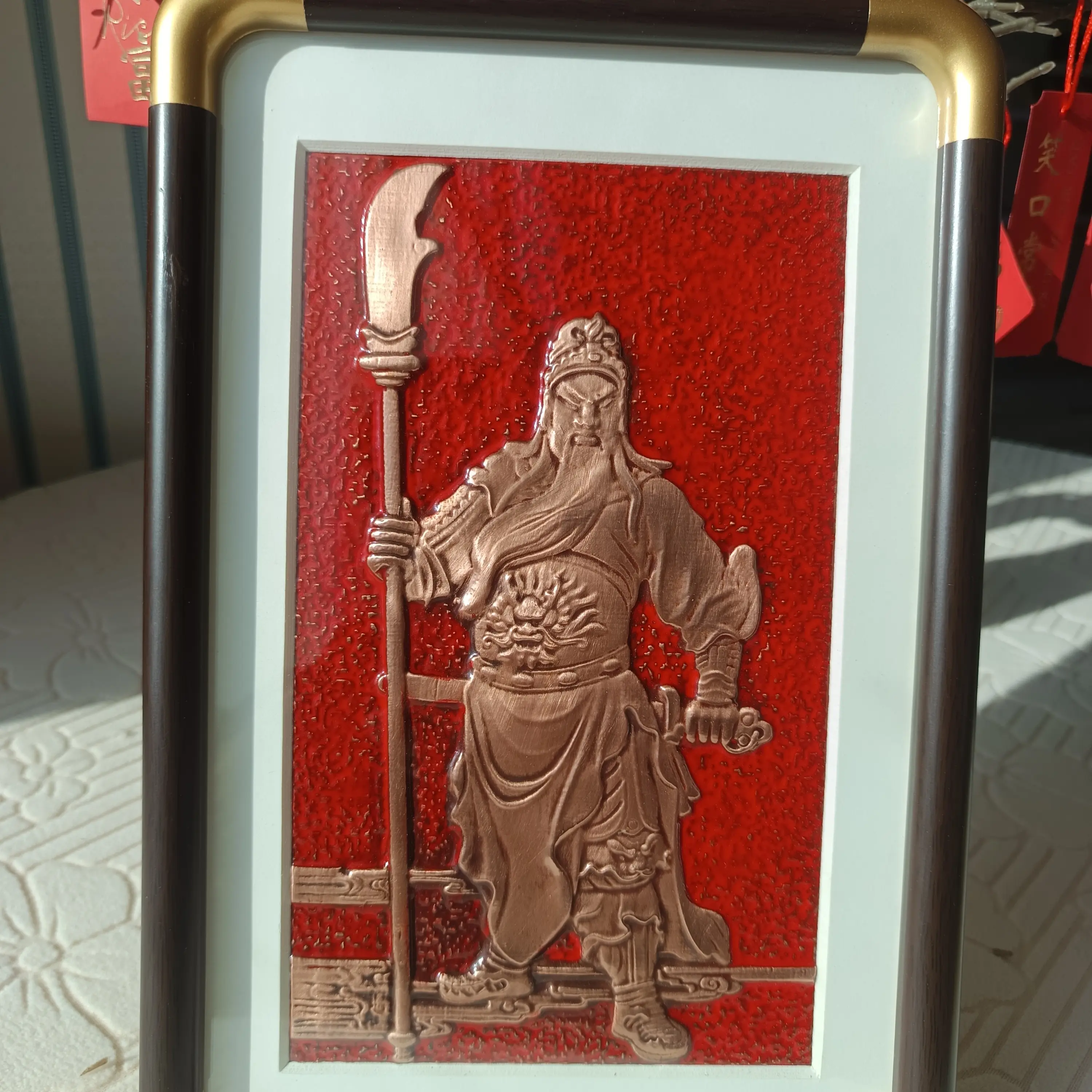 铜版拓画摆台关公，紫铜材质，尺寸长32cm宽21cm